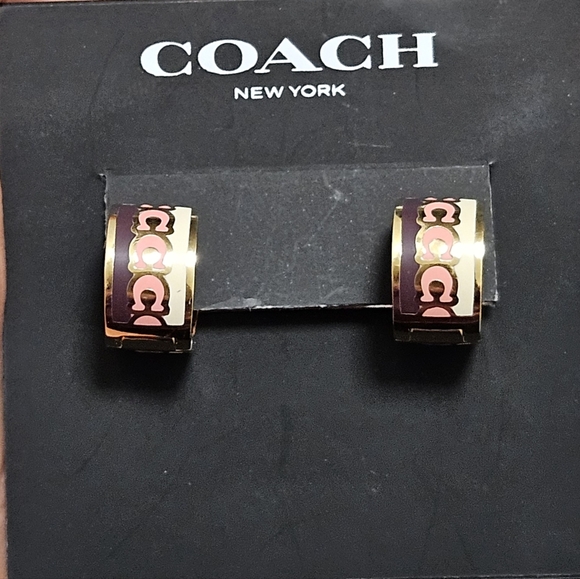 COACH NEW YORK GOLD ENAMEL PURPLE & PINK ENAMEL HOOP EARRINGS $85 - Picture 4 of 12